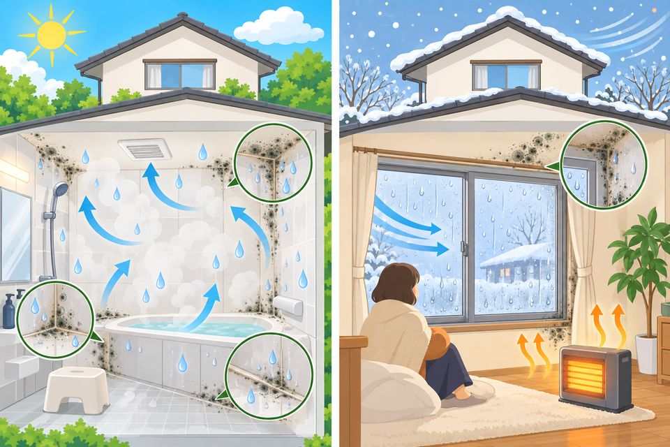 夏の浴室の湿気と冬の窓の結露で同じ家にカビが出る比較図