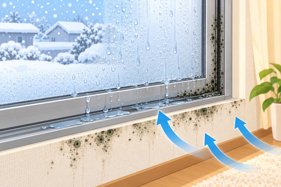 雪の日の窓でサッシと窓下の壁紙にカビが出る図解