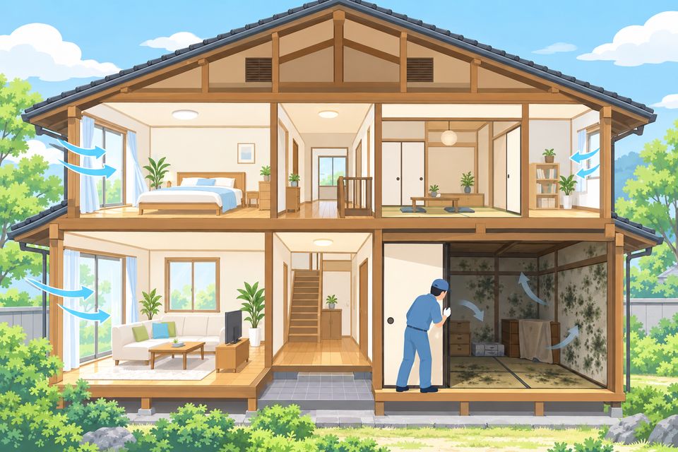 閉め切った使わない部屋の壁と畳にカビが広がる図解