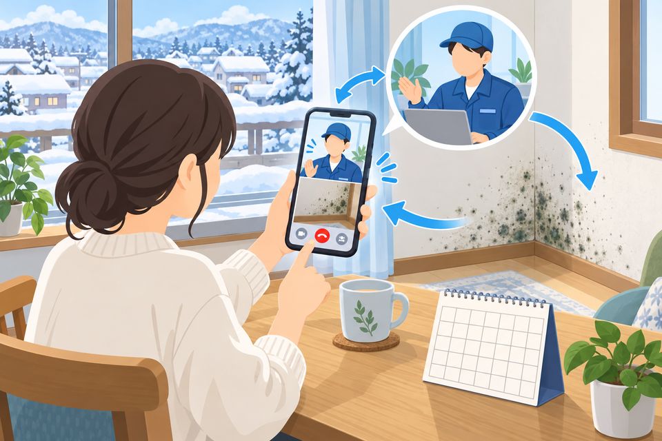 雪の町からスマホでカビを見せて業者に相談する図解