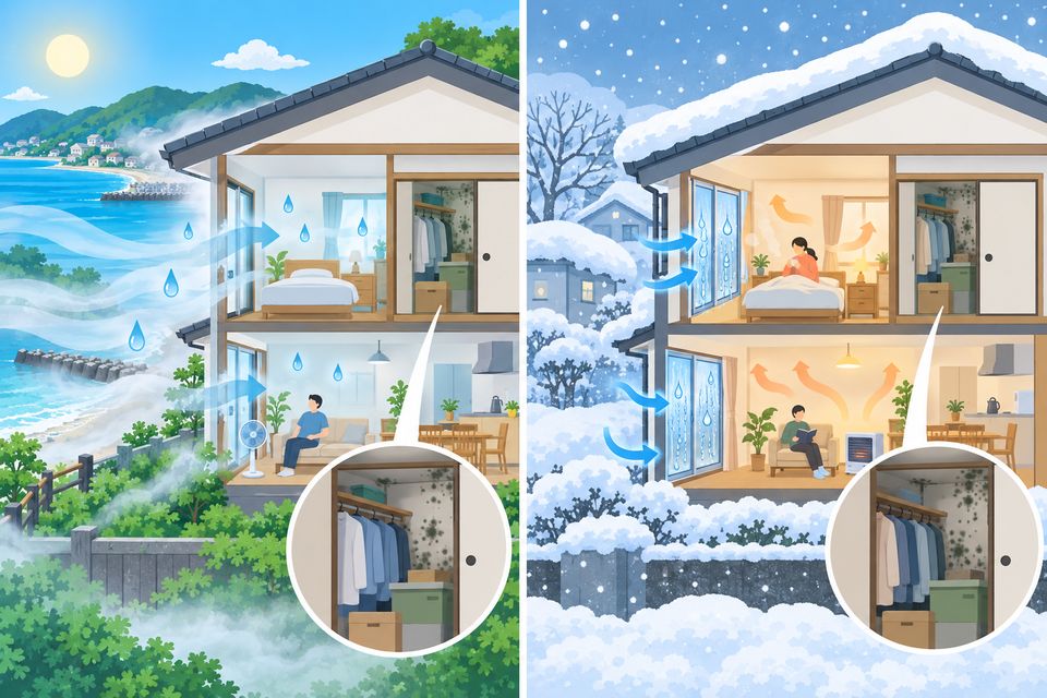 夏の冷たい霧と冬の雪で北側の押し入れにカビが出る図解