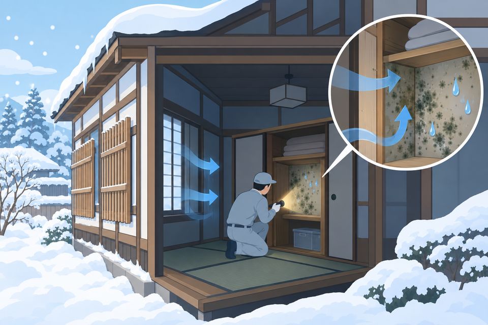 雪囲いの家で北側の押し入れの奥のカビを点検する図解