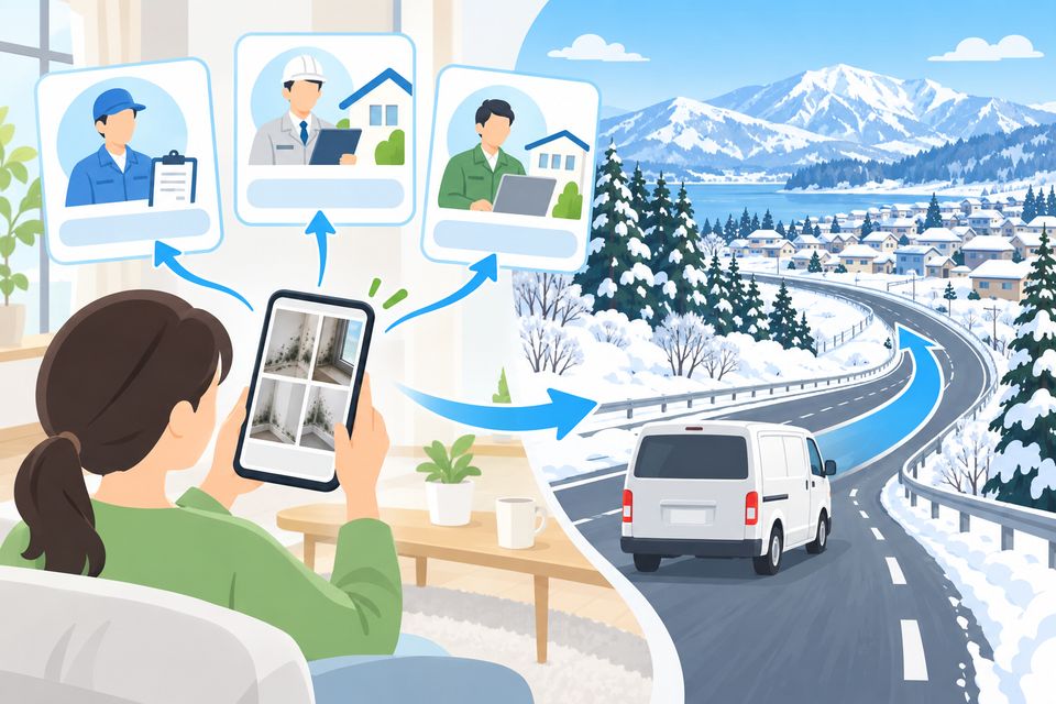 遠方から出張する業者の車と写真で見積もりを比べる図解