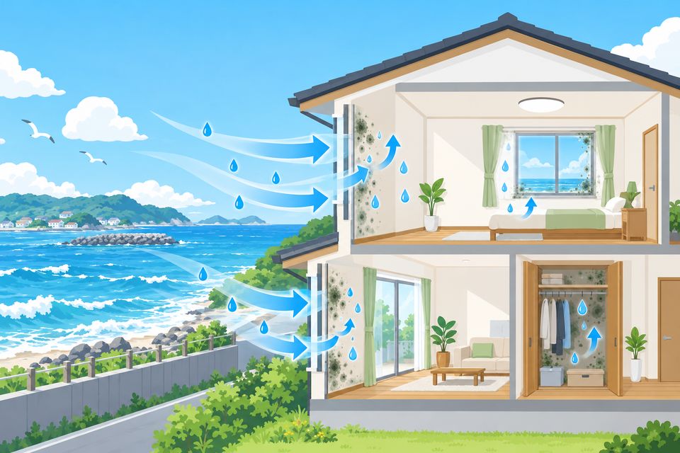 海風が当たる家で外壁側の壁と押し入れにカビが出る図解