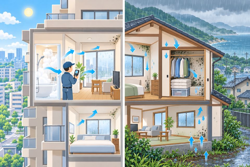 晴れた街のマンションと雨の多い海辺の一戸建てで、カビの原因を比べる図