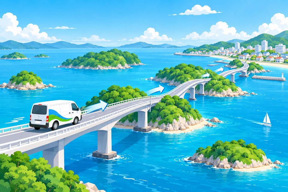 島々を結ぶ橋を渡り、対岸の町へ向かうカビ取り業者の車