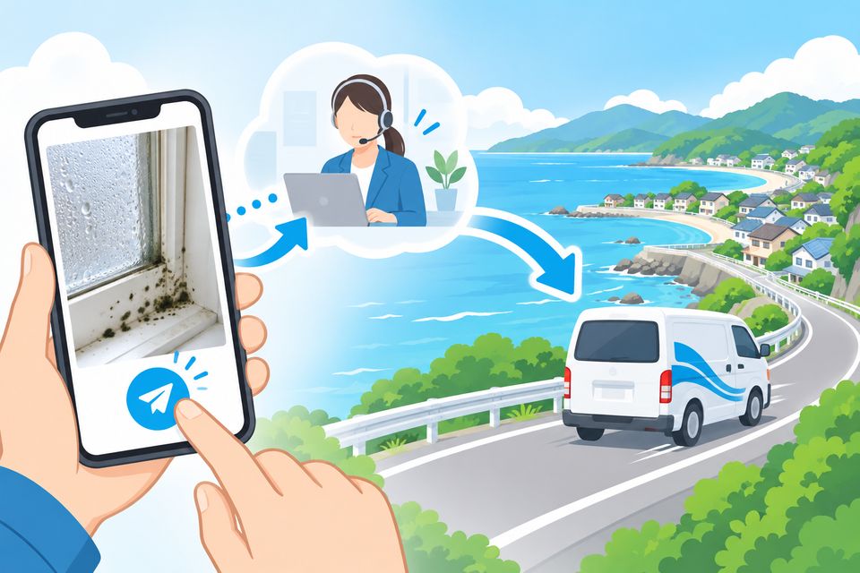 窓のカビの写真を送り県外の業者に出張を相談するイラスト