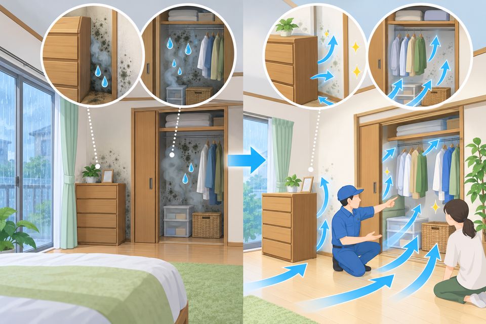 梅雨の家で、家具の裏とクローゼットのカビを見せて換気を説明する作業員