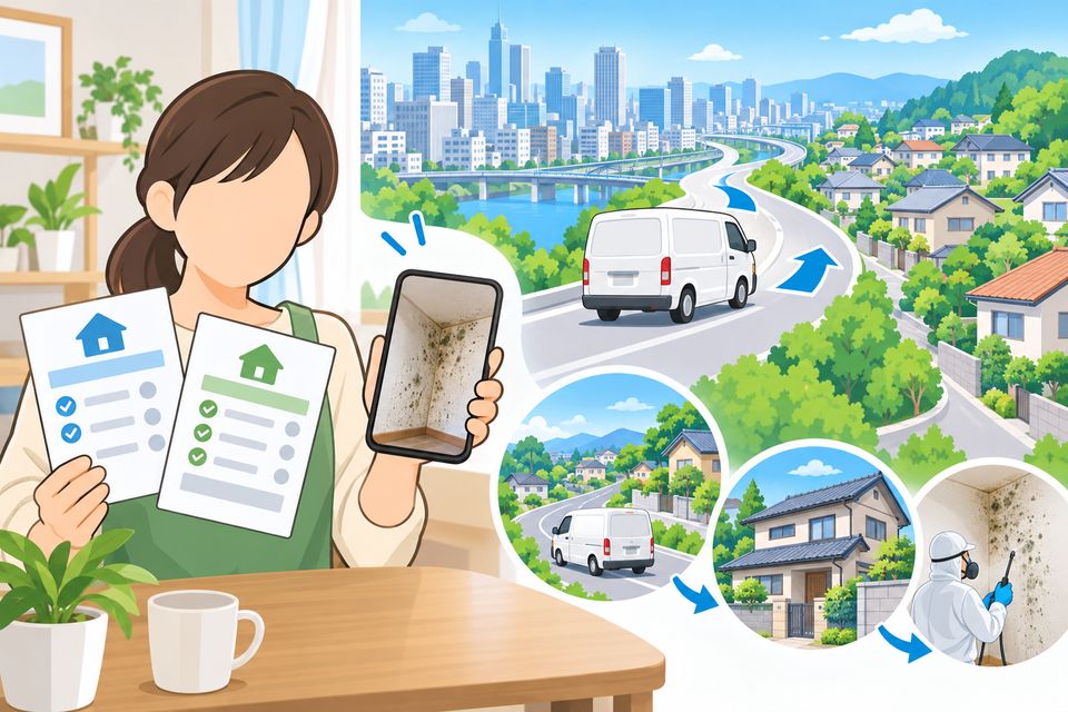 都市から郊外の町へ向かう業者の車と、見積書を見比べる住まい手