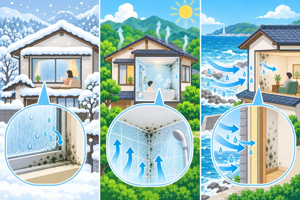 雪国・盆地・海沿いの三つの家でカビの出る場所が違う図解