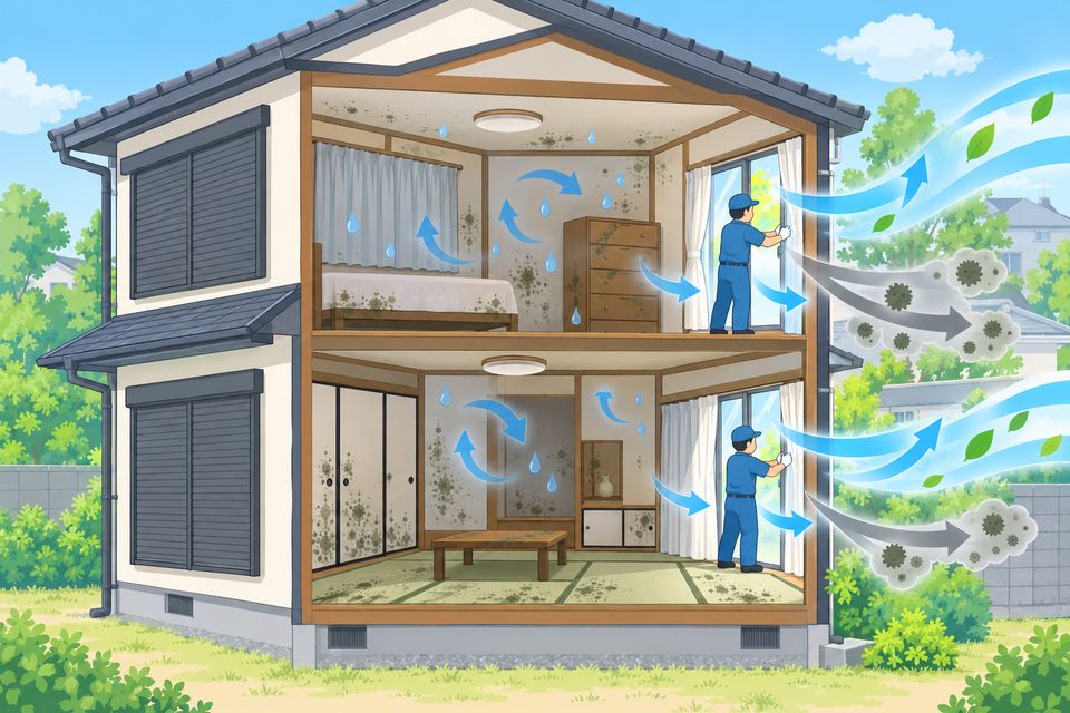 閉め切った空き家で壁や畳にカビが広がる図解