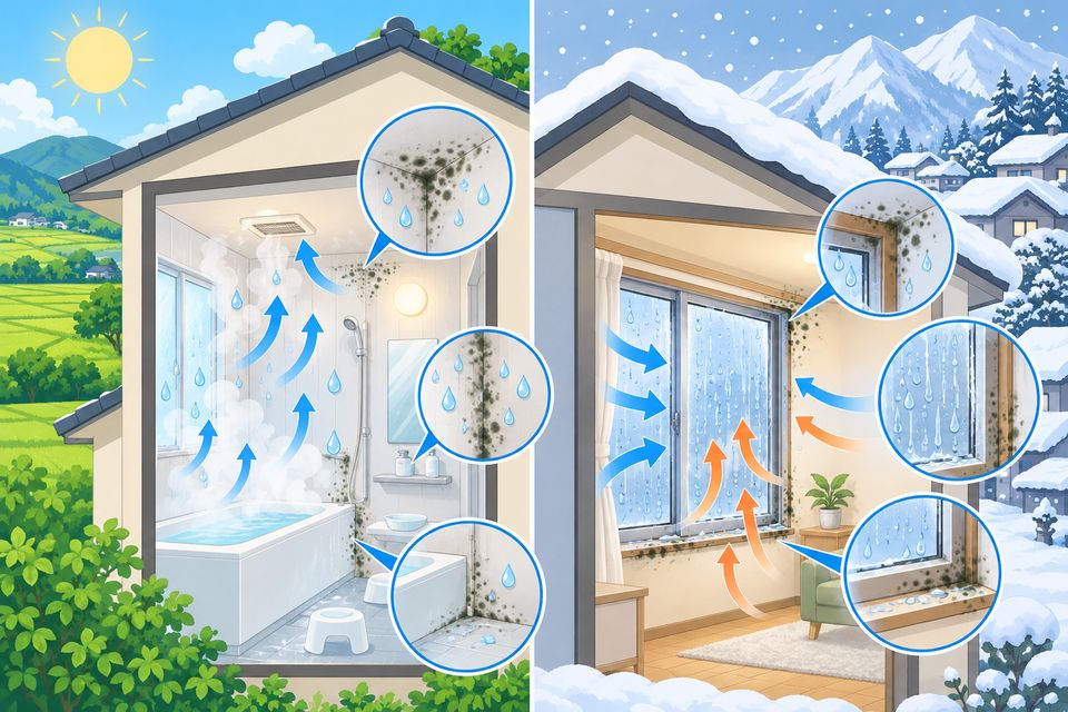蒸し暑い平野の家と雪の多い山間の家でカビの出方を比べた図
