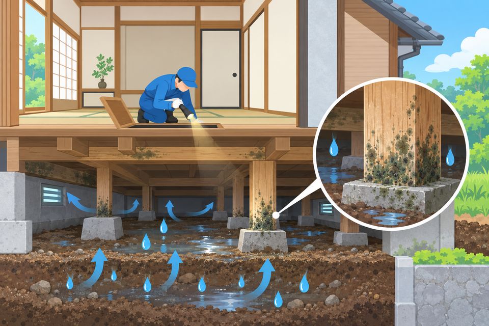 木造の家の床下と柱の根元に広がるカビを業者が調べる断面図