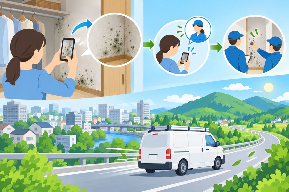押し入れのカビを撮影し近隣県の業者に出張を相談する様子