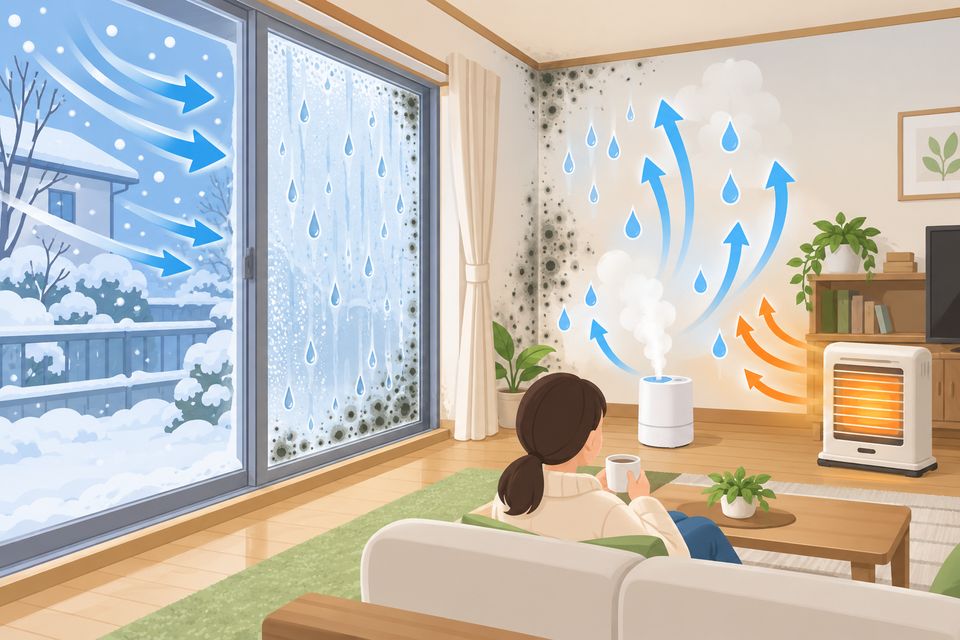 冬に加湿と暖房を使う部屋の窓と北側の壁にカビが出る図解