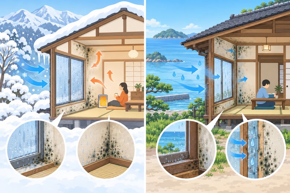 雪の山あいの家と海沿いの古い家で、カビの原因の違いを示す図解