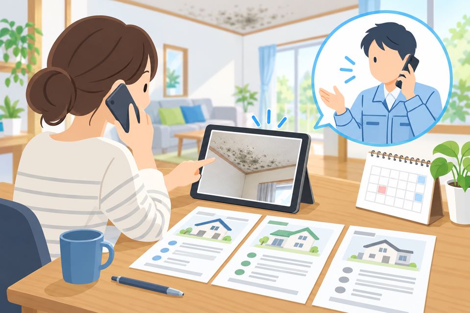 タブレットのカビ写真を見ながら業者に電話で相談する住まい手