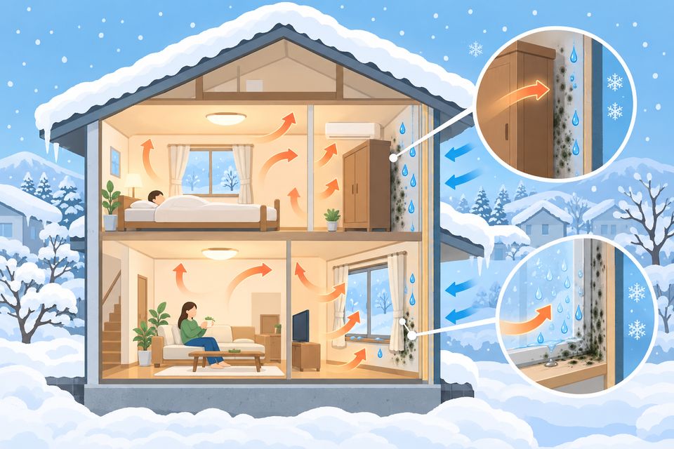 冬の家の断面で、暖かい室内と冷えた外壁の境目に結露とカビが出る図解