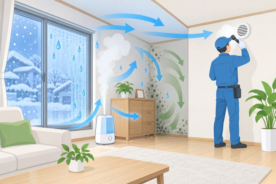 高気密住宅で湿気がこもる部屋の角と換気口を点検する図解