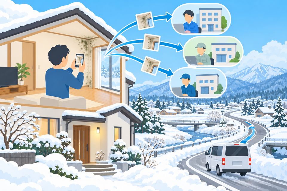 カビの写真をスマホで送り遠方の業者に相談する図解