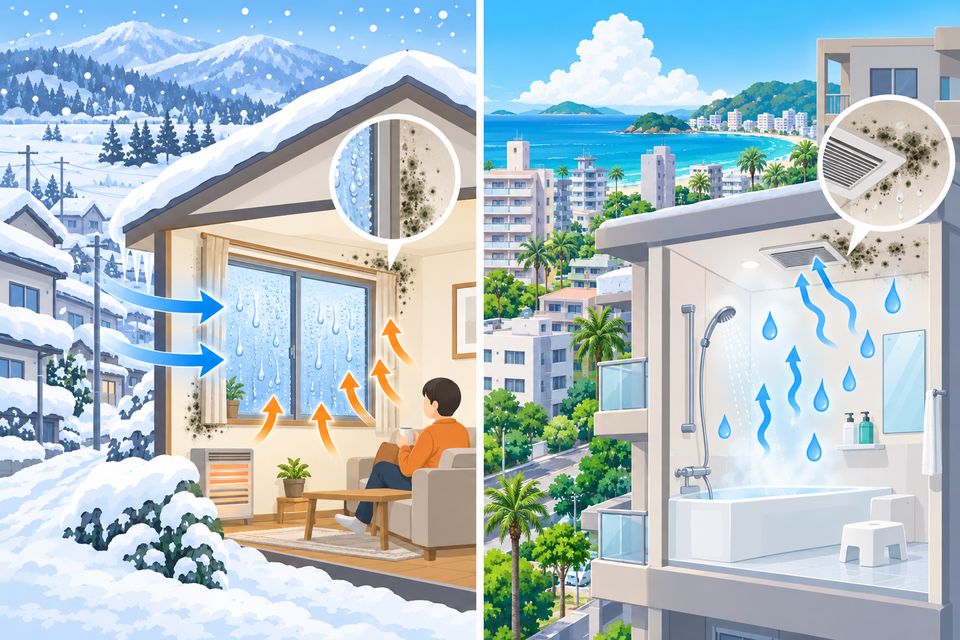 雪の多い北部の家と湿気の多い南部の住まいのカビの違いの図