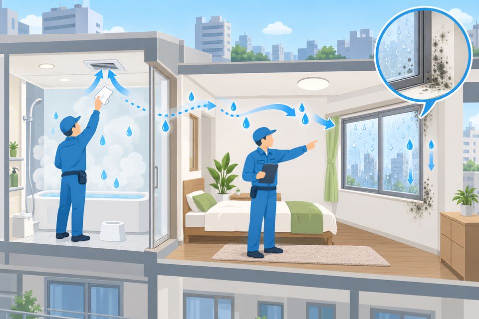浴室の換気扇と北側の窓の結露を業者が点検している様子