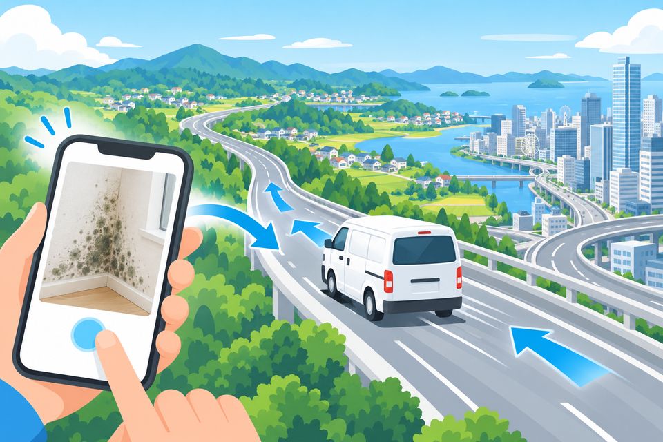 大都市から遠方の町へ向かう業者の車とカビの写真のイラスト