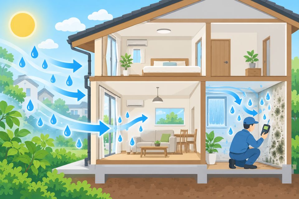 外からの湿気と室内の結露を見分けて調べる図解