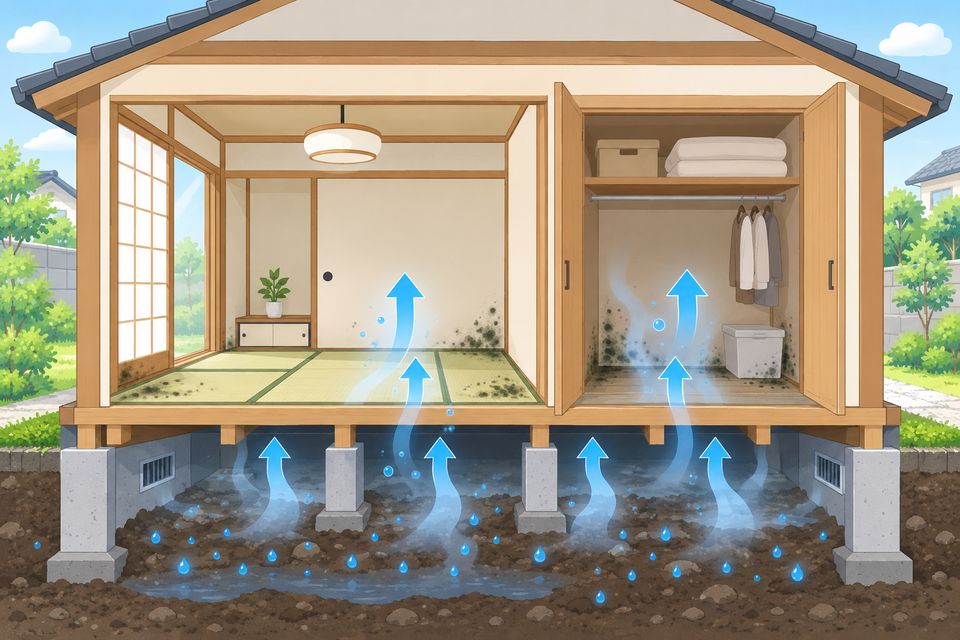 床下の湿気で1階の押し入れと畳にカビが出る図解