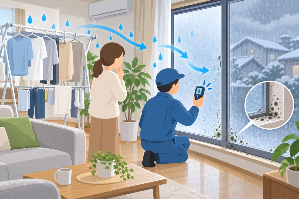 雨の日の部屋干しで湿気がこもる室内を業者が測っている図