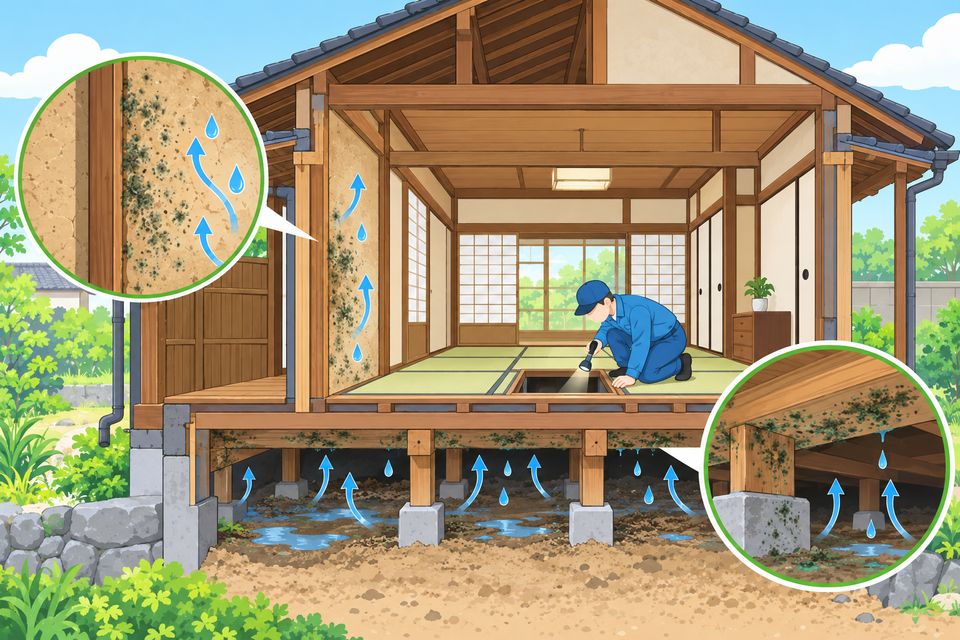 古い木造の町家の土壁と床下のカビを点検口から調べる断面図
