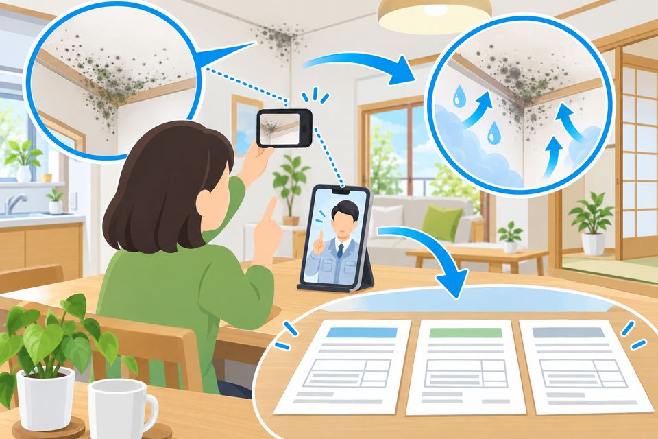 スマホのビデオ通話でカビを見せて遠方の業者に相談する様子