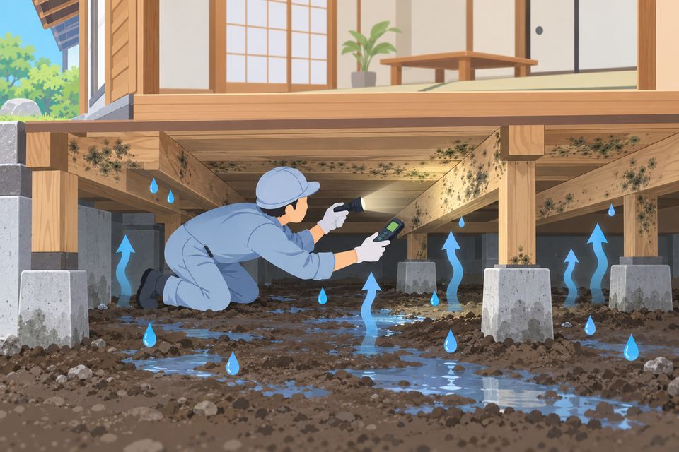 古い木造住宅の床下で湿気と木材のカビを調べる図解
