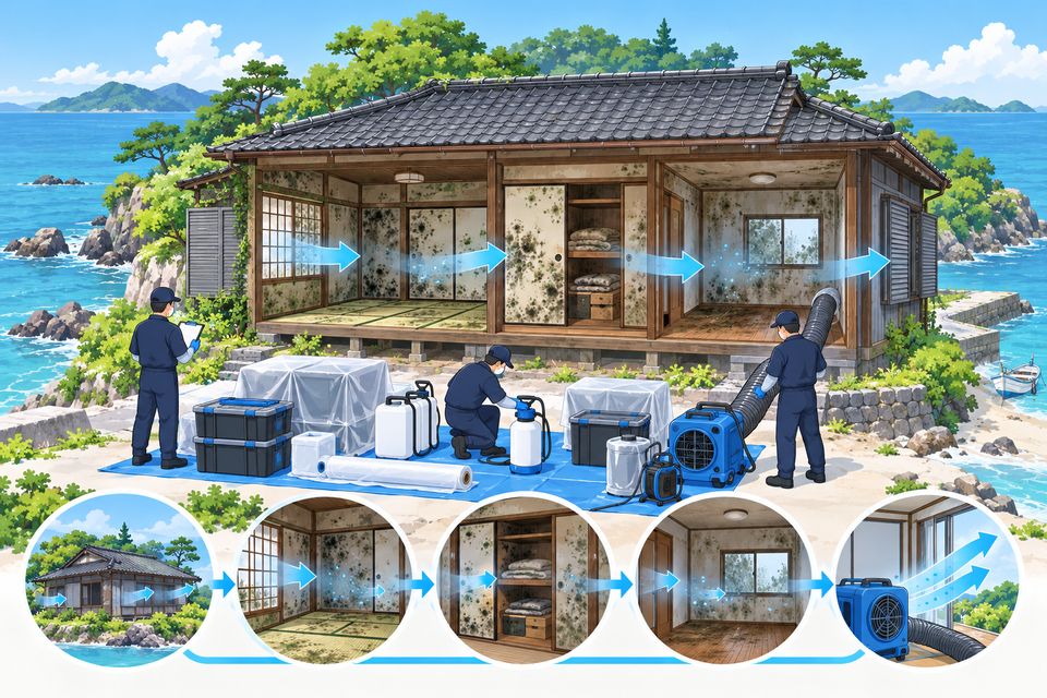 閉め切った島の古い家で、壁や畳に広がったカビをまとめて処理する作業班