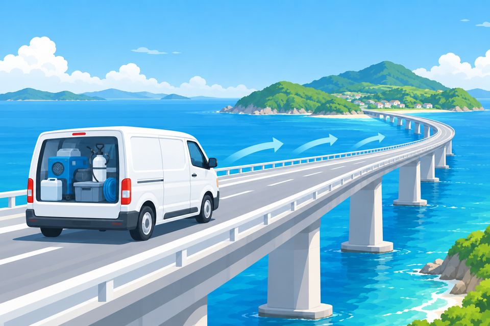 カビ取りの機材を積んだ業者の車が、海に架かる長い橋を渡る場面