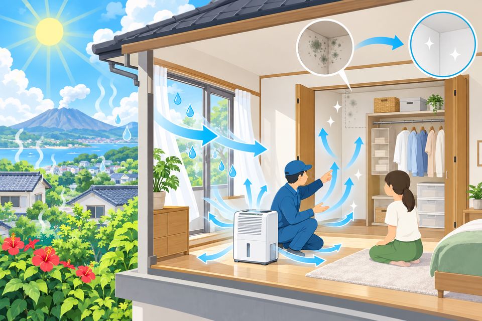 蒸し暑い夏の家で、カビ取り後の除湿と換気の方法を説明する作業員