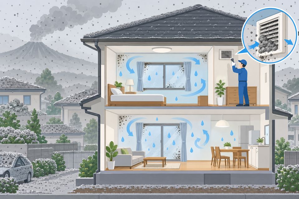 火山灰を避けて閉め切った家で、換気口と窓まわりのカビを調べる作業員