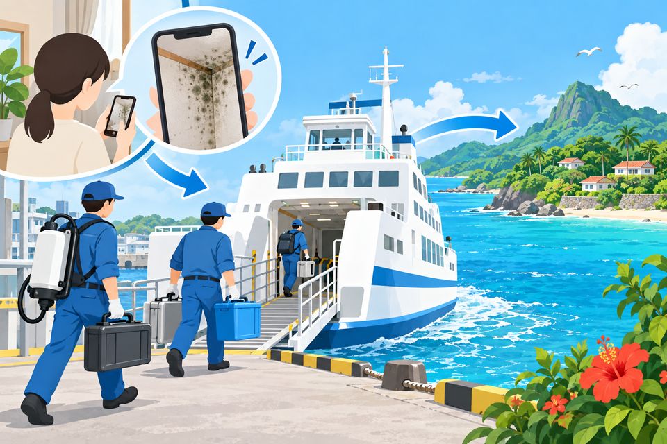 機材を積んで離島行きのフェリーに乗る業者と、届いたカビの写真
