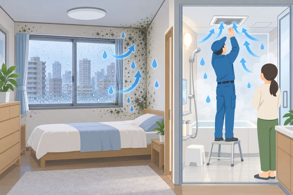 集合住宅の北側の部屋の結露と浴室の換気扇を点検する図解