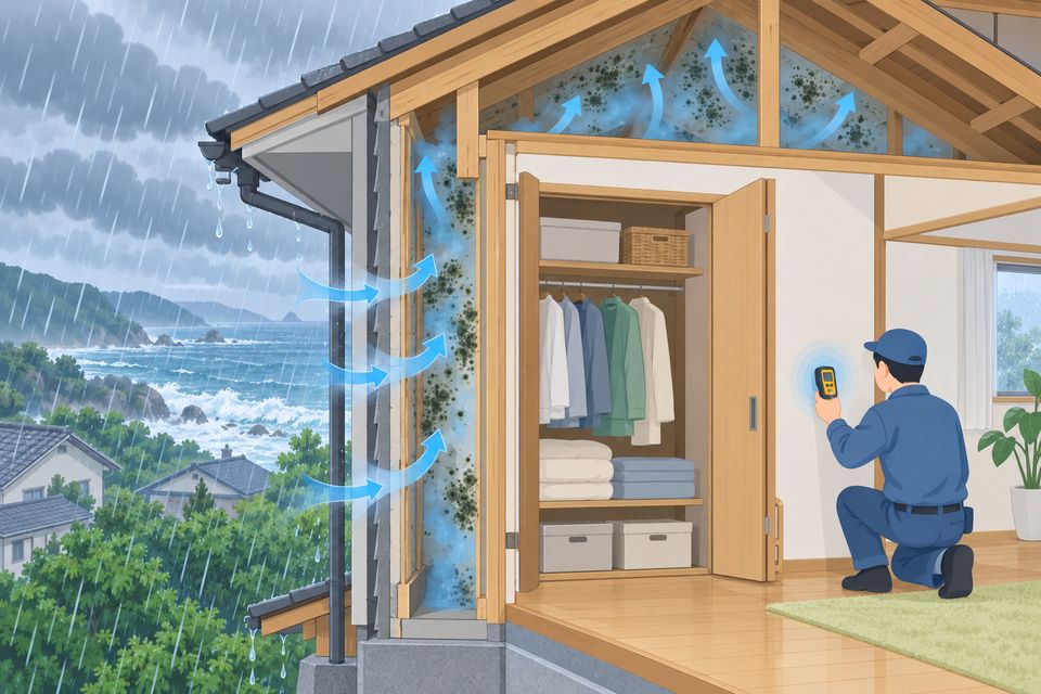 壁の中と天井裏のカビを水分計で調べる作業員