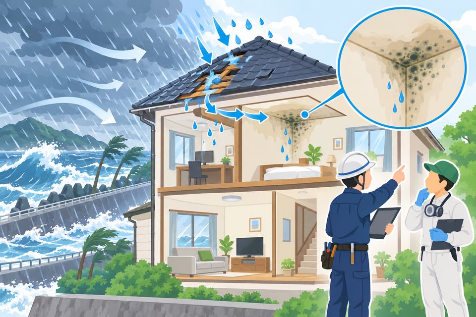台風で雨漏りした天井のカビを前に、屋根の職人と業者が補修を話し合う場面