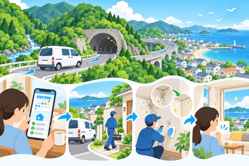 山を越えて海辺の町へ向かう業者の車と、日程と見積もりを確かめる住まい手