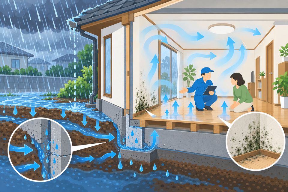 大雨の時期の家で、雨水の入り込みと室内の湿気を説明する作業員