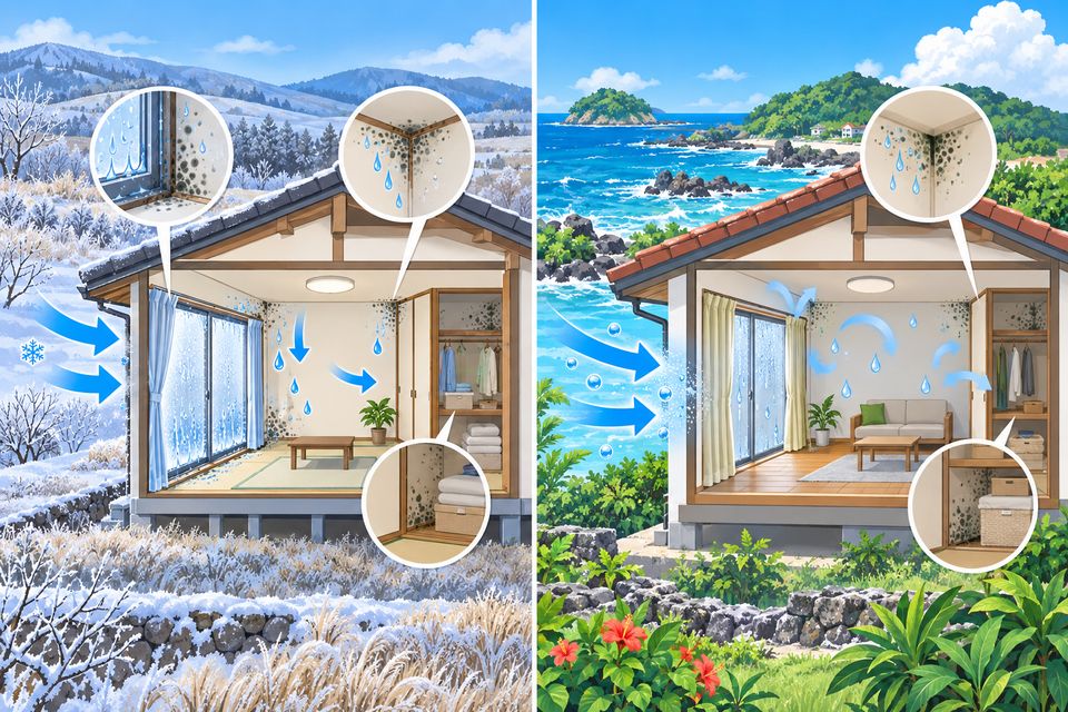 寒い高原の家と海辺の島の家で、カビの原因の違いを比べる図