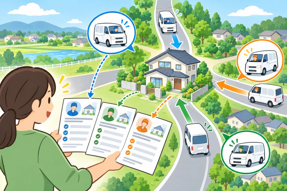 三方向から業者の車が家へ向かい、住まい手が3枚の見積書を持つイラスト