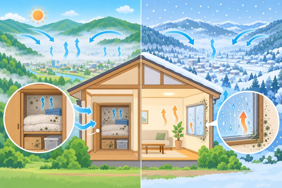 盆地の家で夏の湿気と冬の結露の両方からカビが出る比較図
