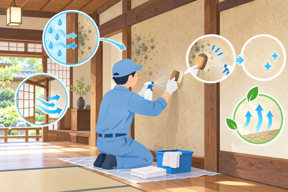 町家の土壁と柱のカビを業者が素材に合わせて処理する様子