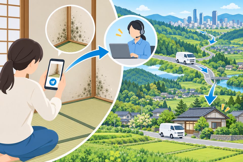 和室の壁のカビを撮影し遠くの業者に出張を相談する様子