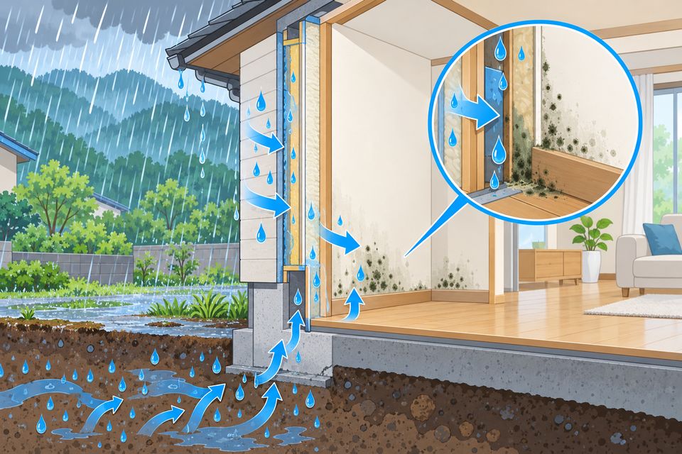大雨で基礎や外壁から湿気が入り壁の下部にカビが出る断面図
