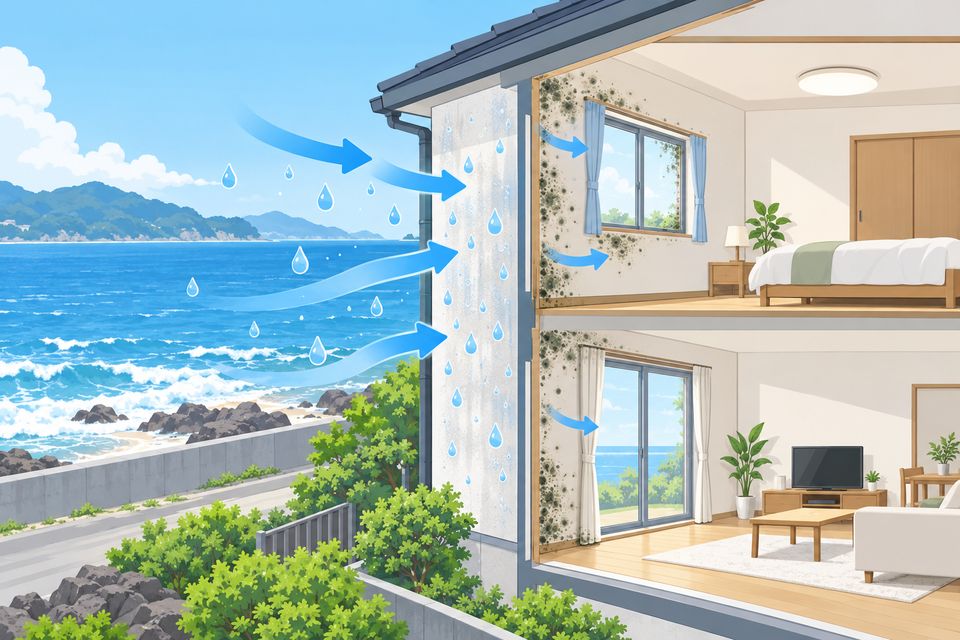 海風が当たる壁の内側と窓枠にカビが広がる図解